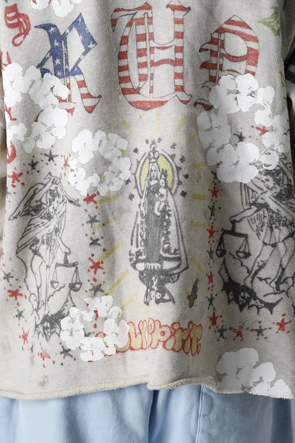 DENIM TEARS × ©SAINT M×××××× "SAINT TEARS" Graffiti Hoodie Joint Model Cotton Graffiti Hoodie Fully Printed Washed Distressed Holes Vintage Sweatshirt Gray S-XL Super Heavy Duty! The whole piece is printed with 35 screens and counterpoint printing!